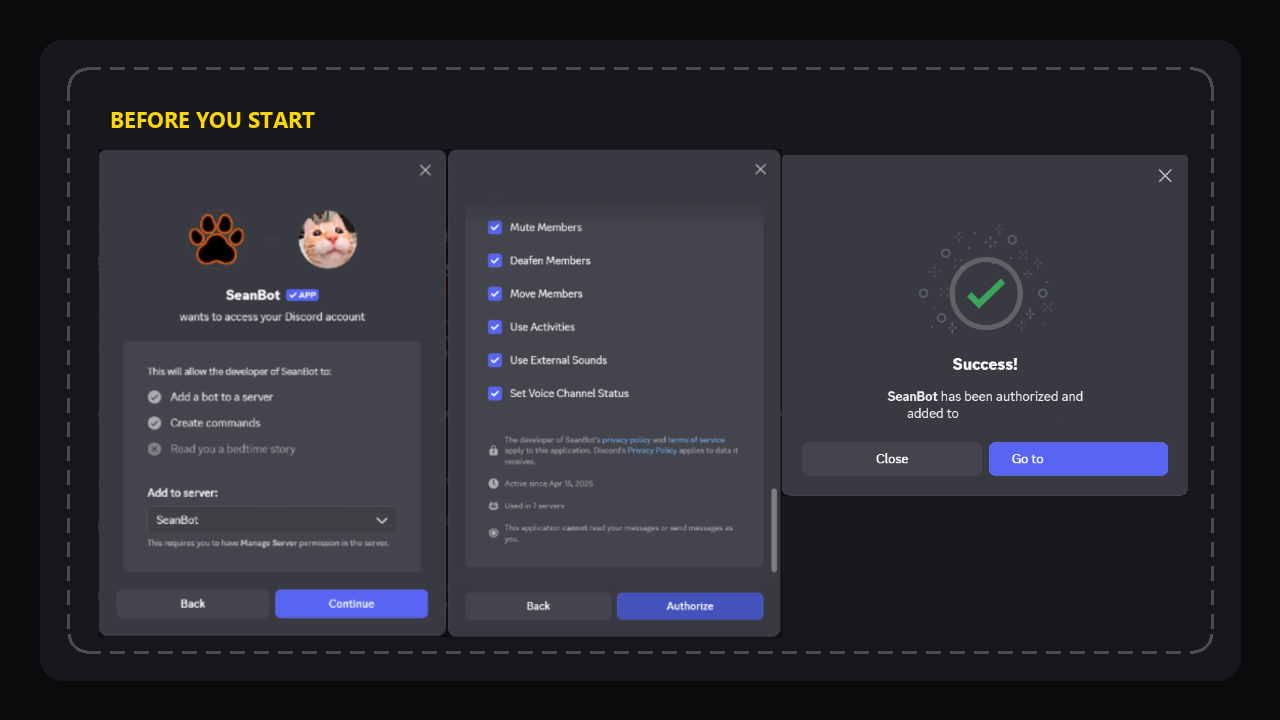 Discord's authorize screen for adding SeanBot, with the permission list and the server picker
