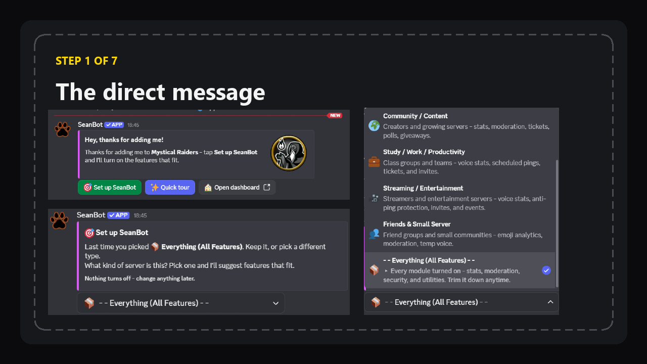 The welcome DM from SeanBot with its three buttons, and the server-type dropdown with Everything (All Features) selected