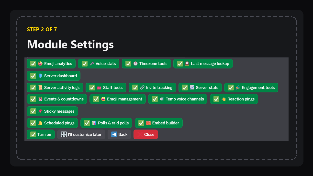 Module Settings from the setup wizard, with every recommended feature ticked and the Turn on button ready