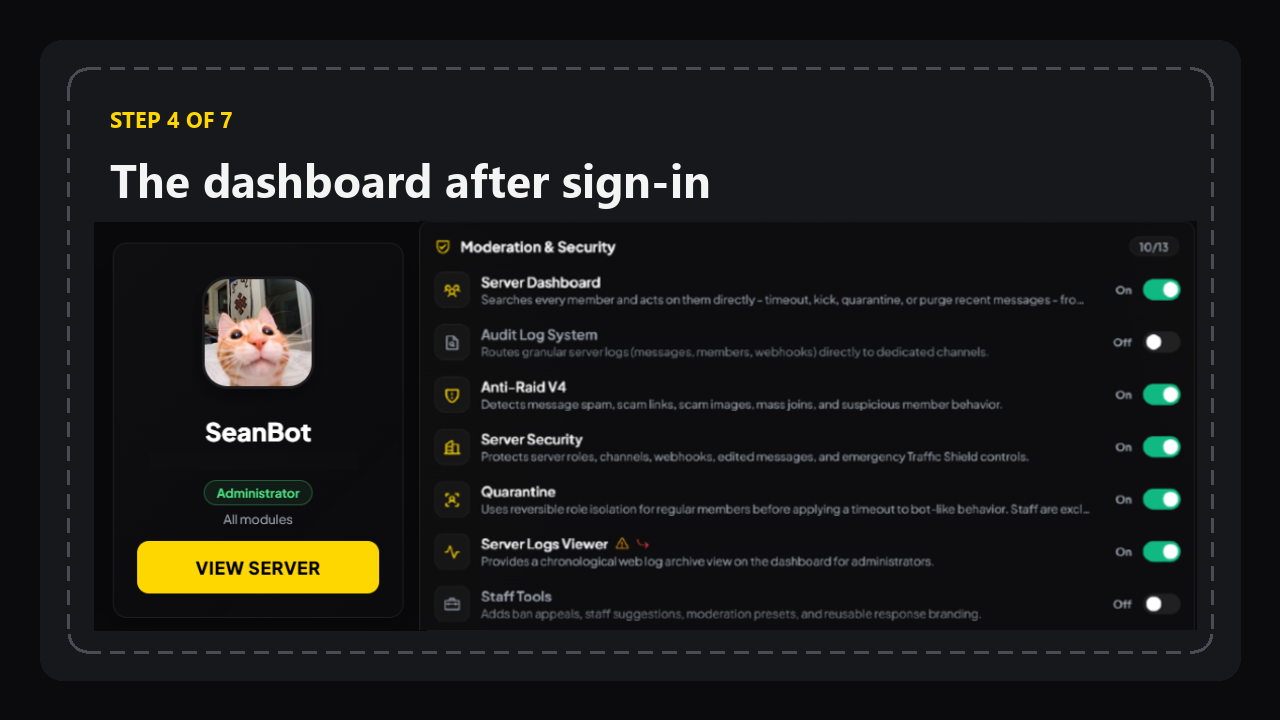 The dashboard after sign-in, with the bot's profile card and the module list beside it