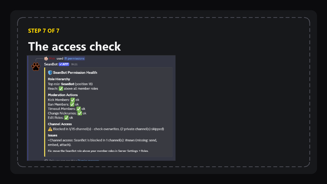 The access check that ends setup, listing the bot's role reach, moderation actions, and any blocked channels